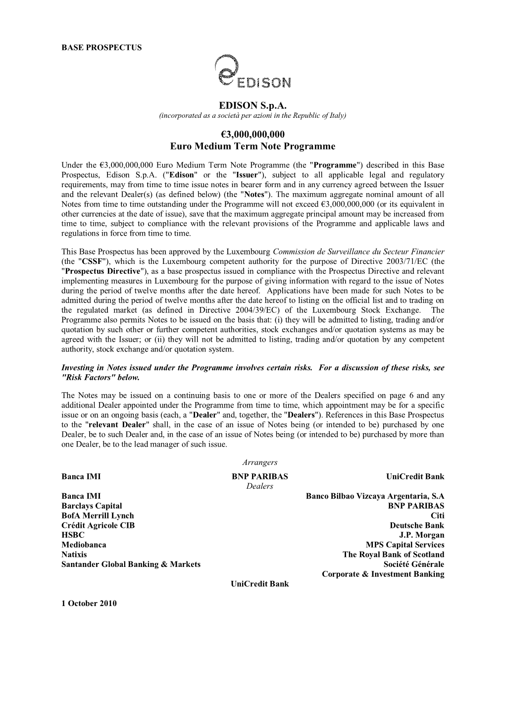 EDISON S.P.A. (Incorporated As a Società Per Azioni in the Republic of Italy) €3,000,000,000 Euro Medium Term Note Programme