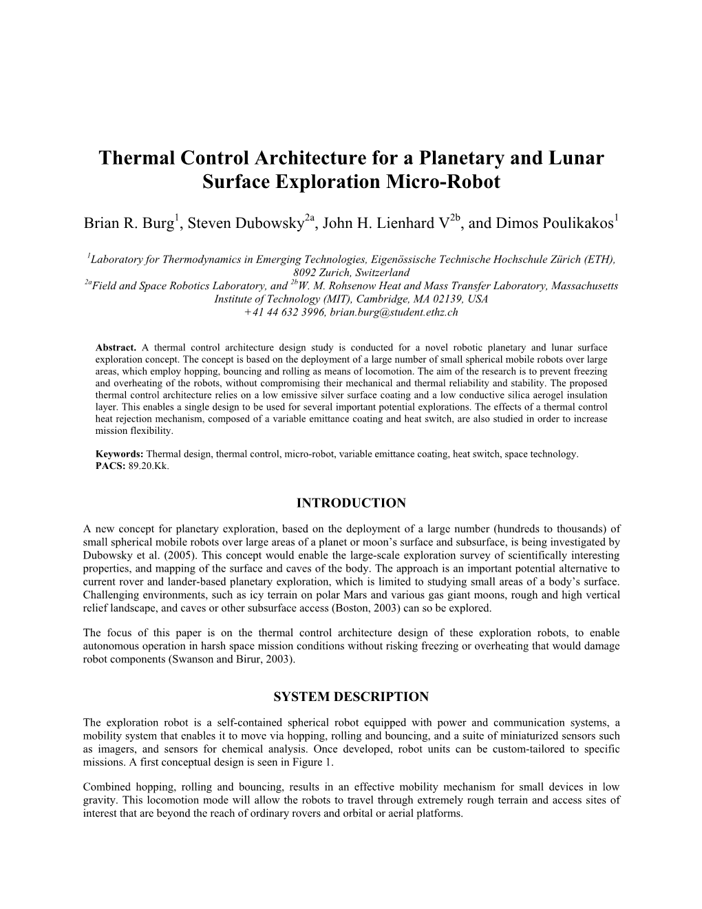 Thermal Control Architecture for a Planetary and Lunar Surface Exploration Micro-Robot