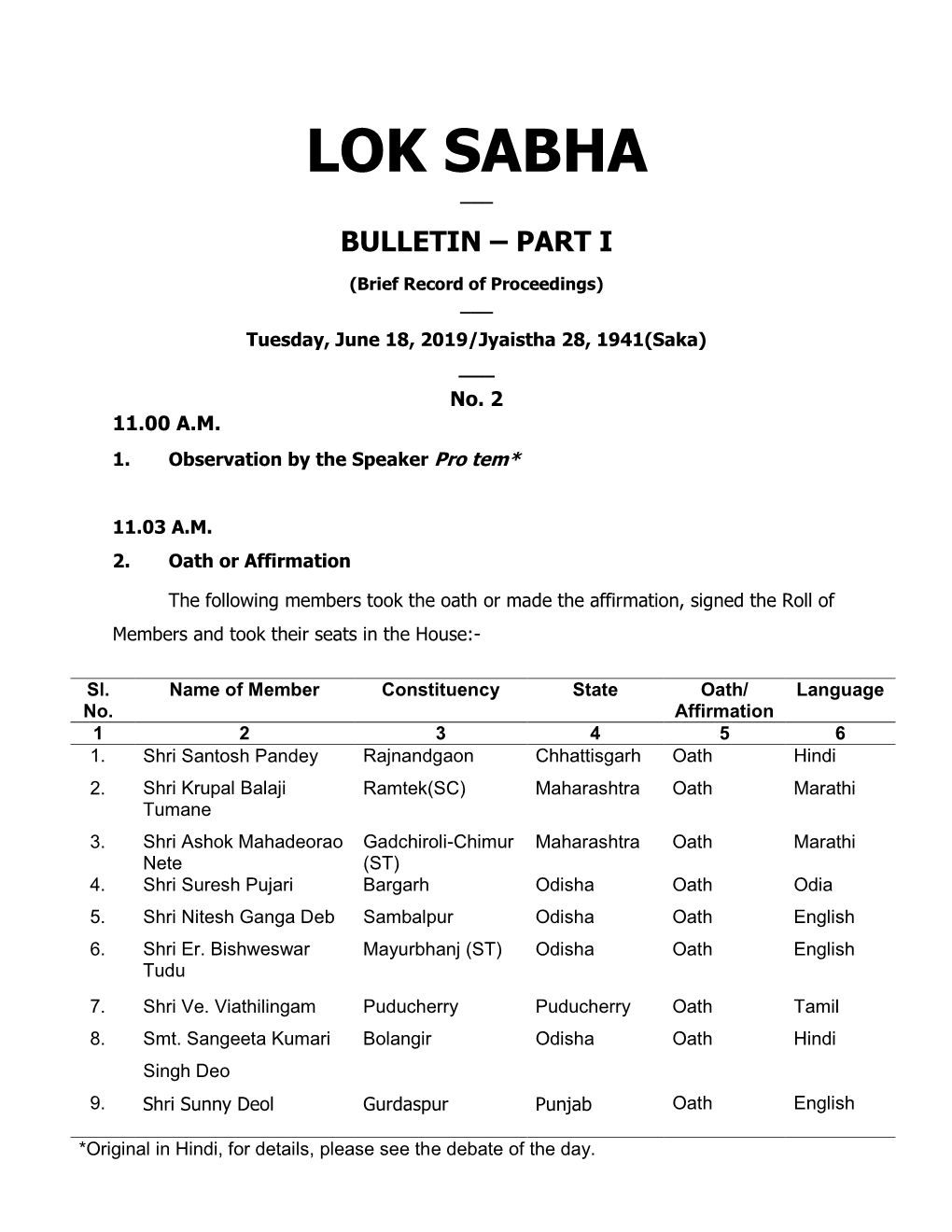 Lok Sabha ___ Bulletin – Part I