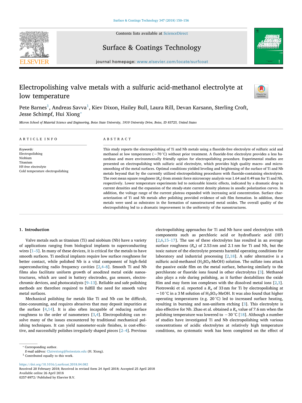 Electropolishing Valve Metals with a Sulfuric Acid-Methanol Electrolyte at Low Temperature T