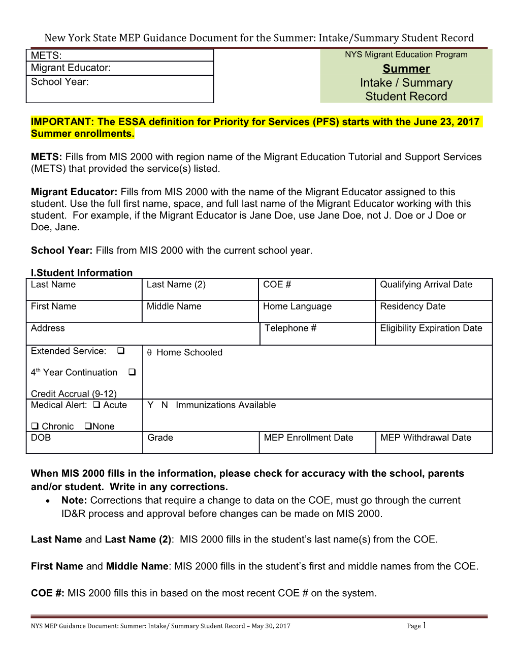 New York State MEP Guidance Document for the Summer: Intake/Summary Student Record