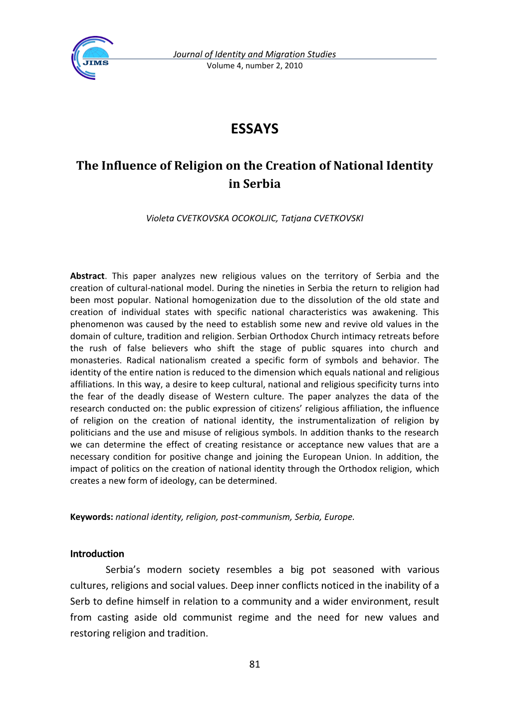 The Influence of Religion on the Creation of National Identity in Serbia