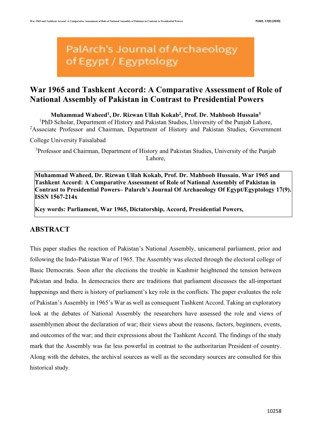 War 1965 and Tashkent Accord: a Comparative Assessment of Role of National Assembly of Pakistan in Contrast to Presidential Powers PJAEE, 17(9) (2020)