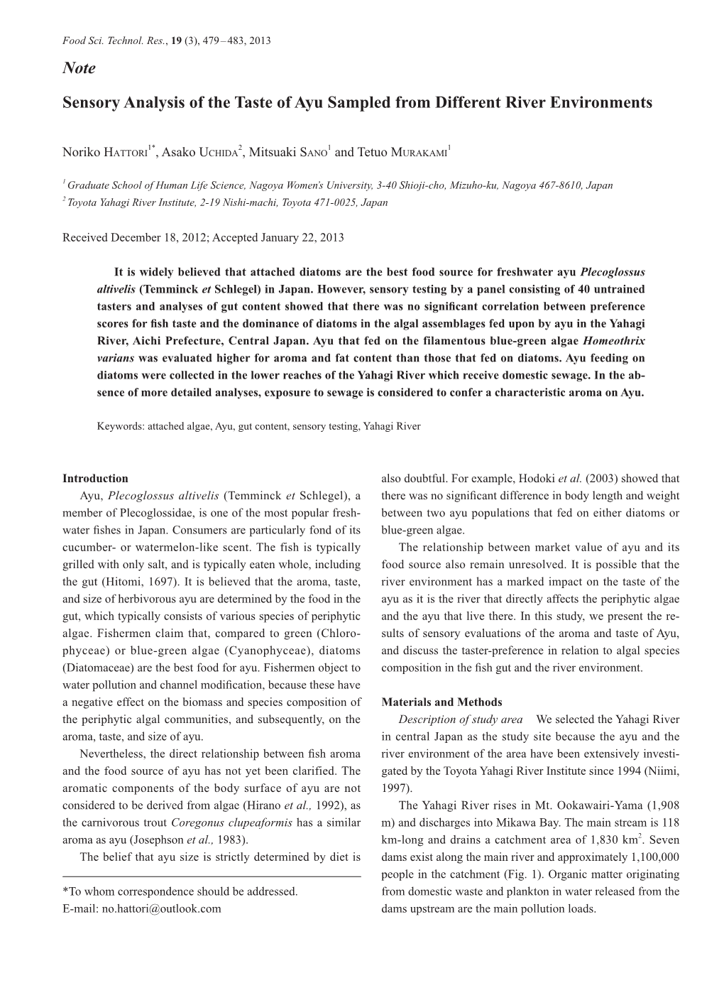 Note Sensory Analysis of the Taste of Ayu Sampled from Different River