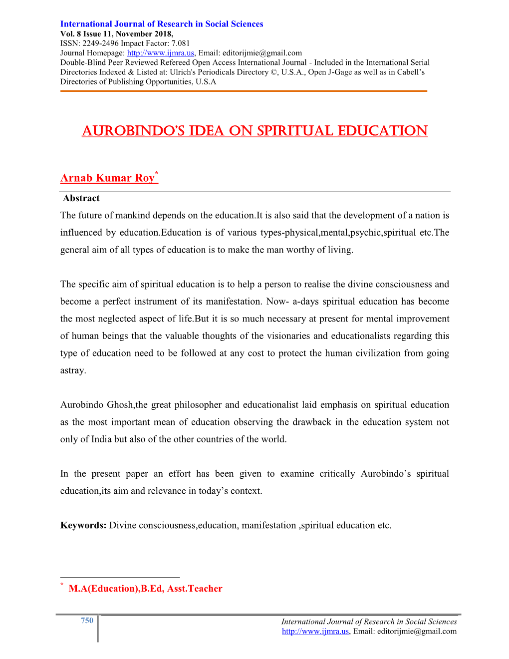 Aurobindo's Idea on Spiritual Education