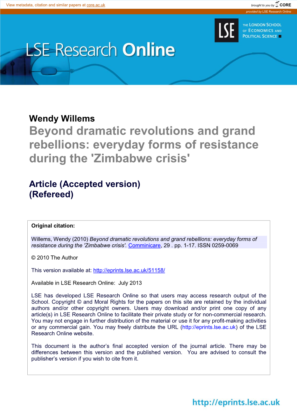 Beyond Dramatic Revolutions and Grand Rebellions: Everyday Forms of Resistance During the 'Zimbabwe Crisis'