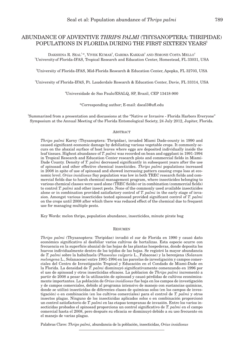 Abundance of Adventive Thrips Palmi (Thysanoptera: Thripidae) Populations in Florida During the First Sixteen Years§