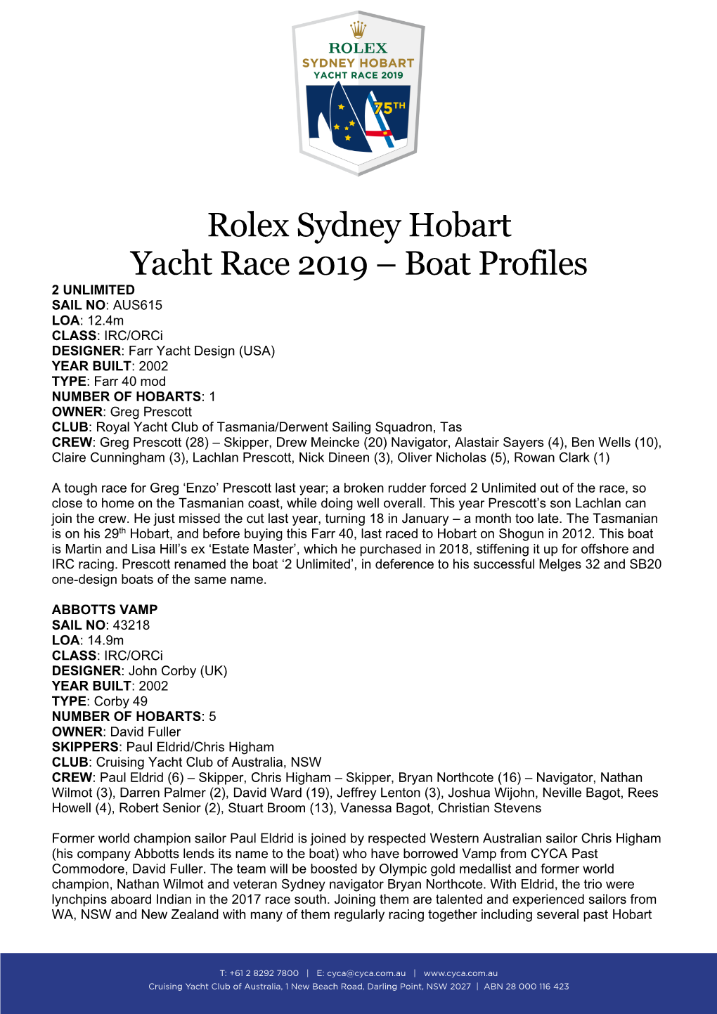 Rolex Sydney Hobart Yacht Race 2019 – Boat Profiles