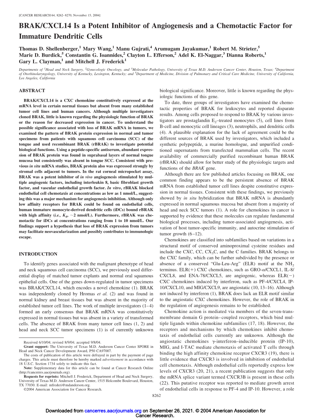 BRAK/CXCL14 Is a Potent Inhibitor of Angiogenesis and a Chemotactic Factor for Immature Dendritic Cells