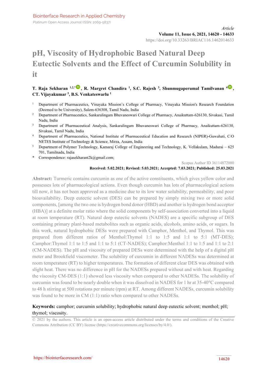 Ph, Viscosity of Hydrophobic Based Natural Deep Eutectic Solvents and the Effect of Curcumin Solubility in It