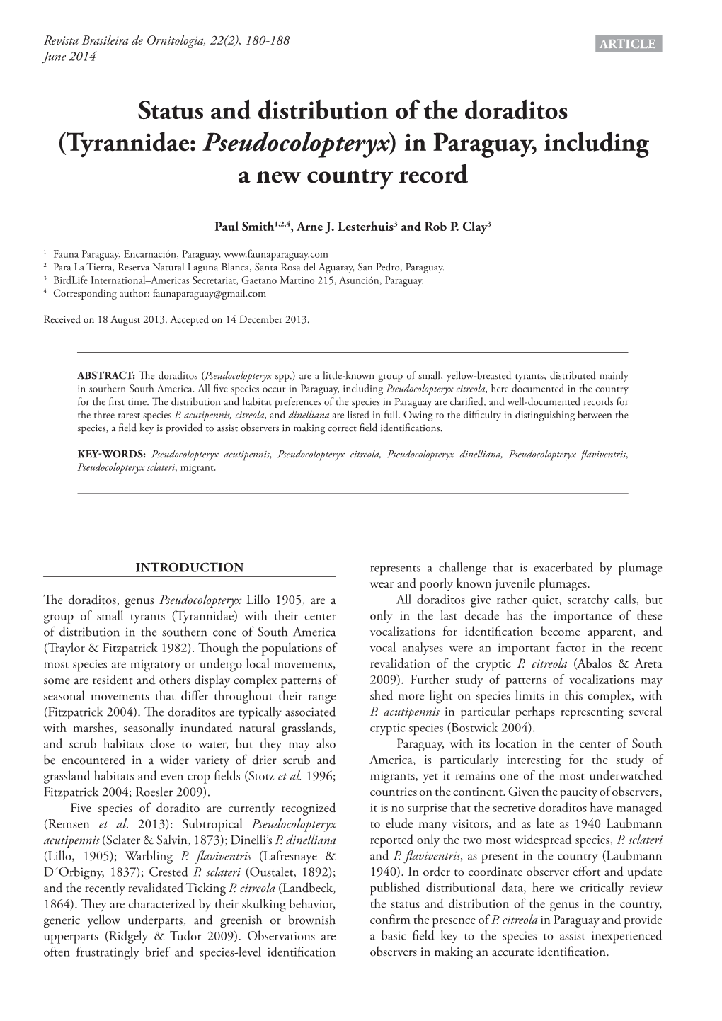 Tyrannidae: Pseudocolopteryx) in Paraguay, Including a New Country Record