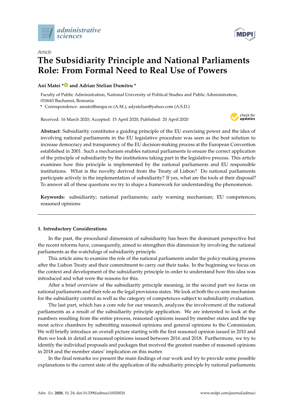 The Subsidiarity Principle and National Parliaments Role: from Formal Need to Real Use of Powers