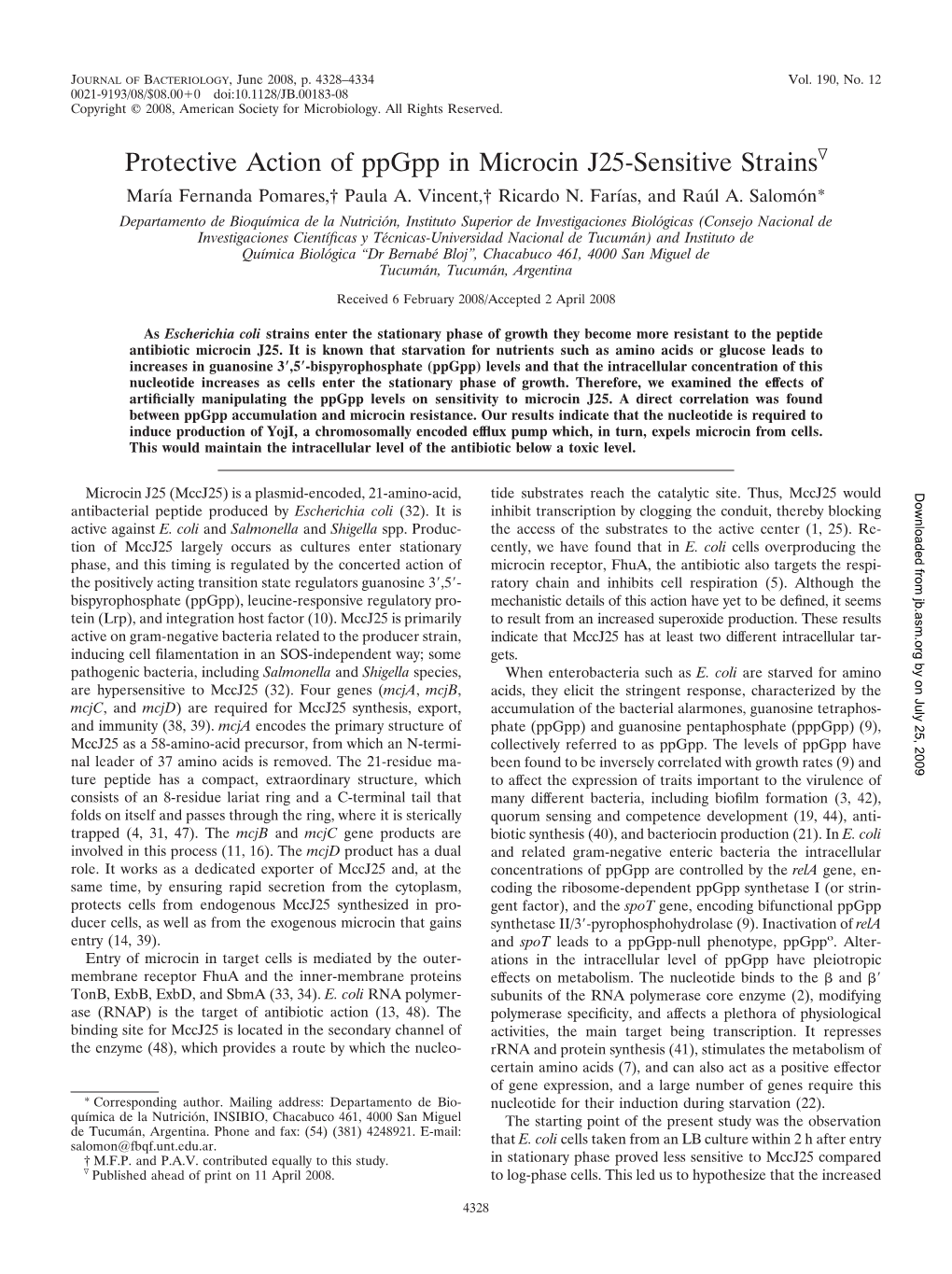 Protective Action of Ppgpp in Microcin J25-Sensitive Strainsᰔ Marı´A Fernanda Pomares,† Paula A