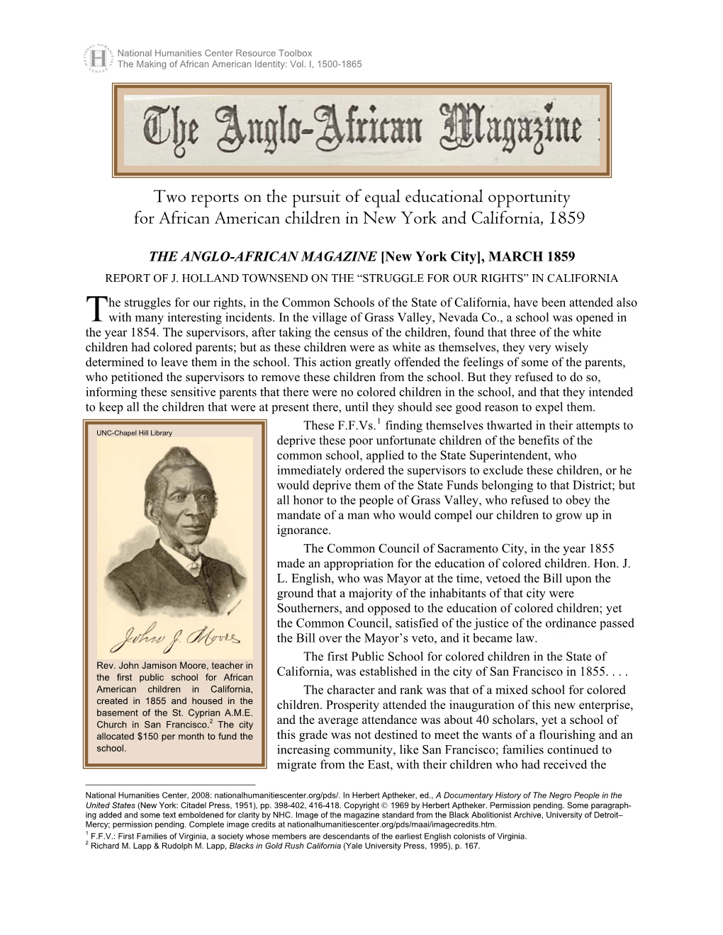 On the Drive for Equal Educational Opportunity, Two Reports in the Anglo-African Magazine, 1859