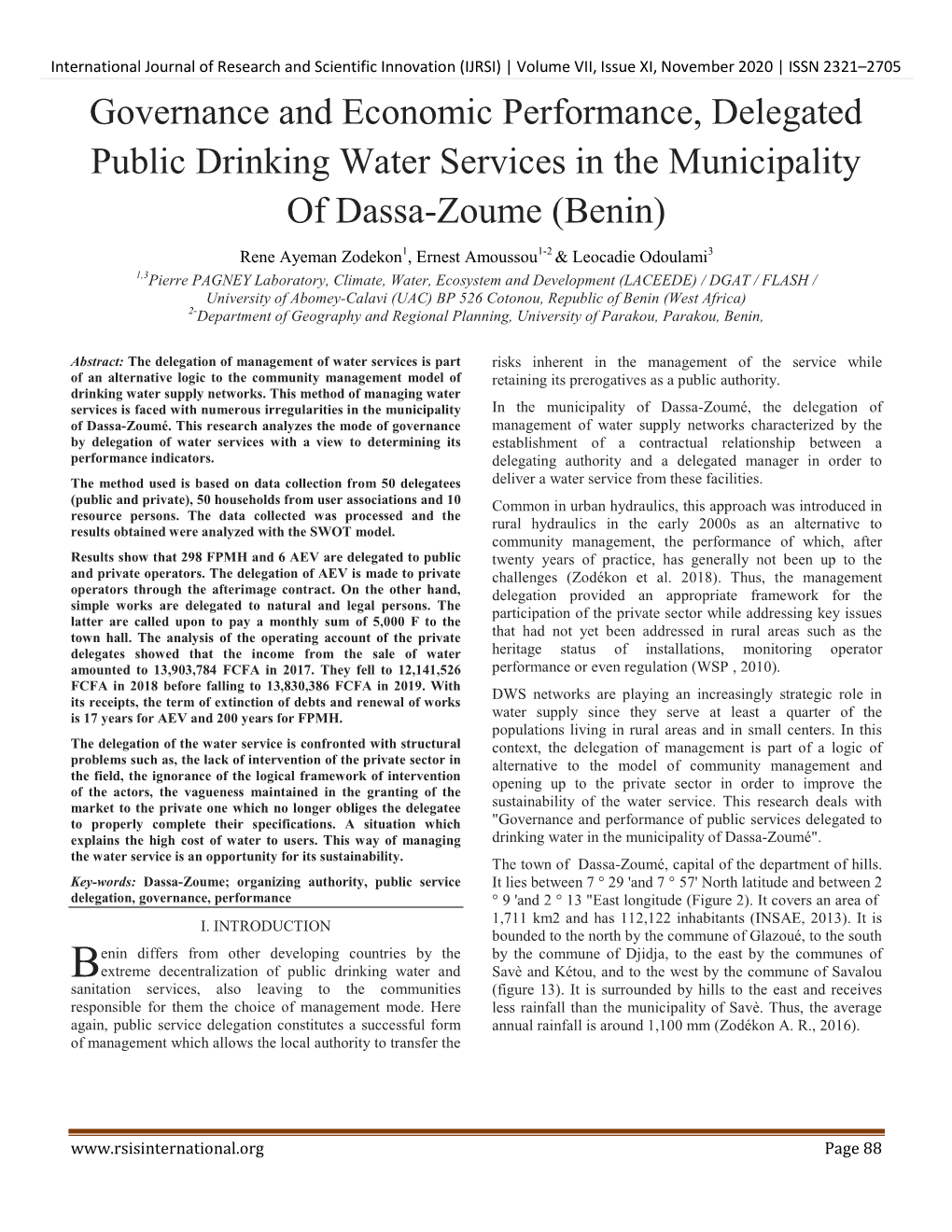 Governance and Economic Performance, Delegated Public Drinking Water Services in the Municipality of Dassa-Zoume (Benin)
