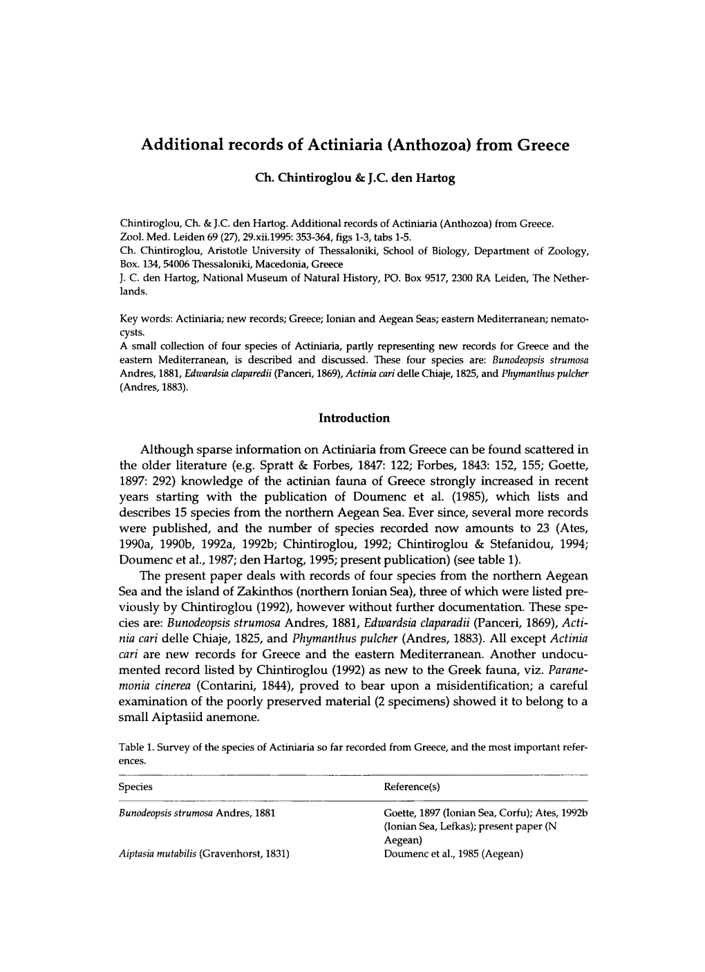 Additional Records of Actiniaria (Anthozoa) from Greece