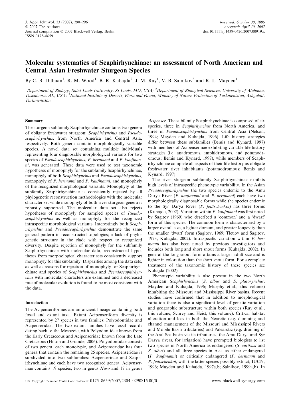 Molecular Systematics of Scaphirhynchinae: an Assessment of North American and Central Asian Freshwater Sturgeon Species by C