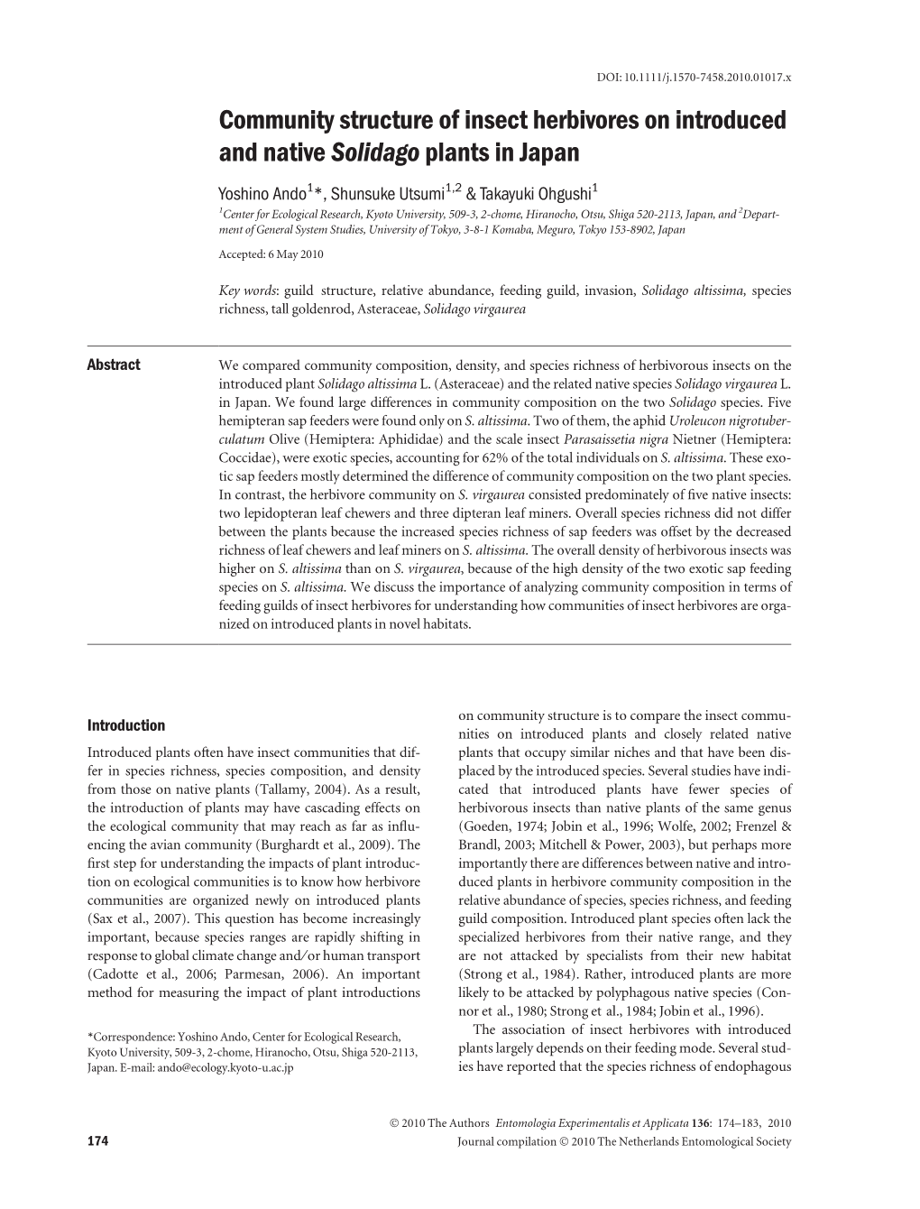 Community Structure of Insect Herbivores on Introduced and Native Solidago Plants in Japan