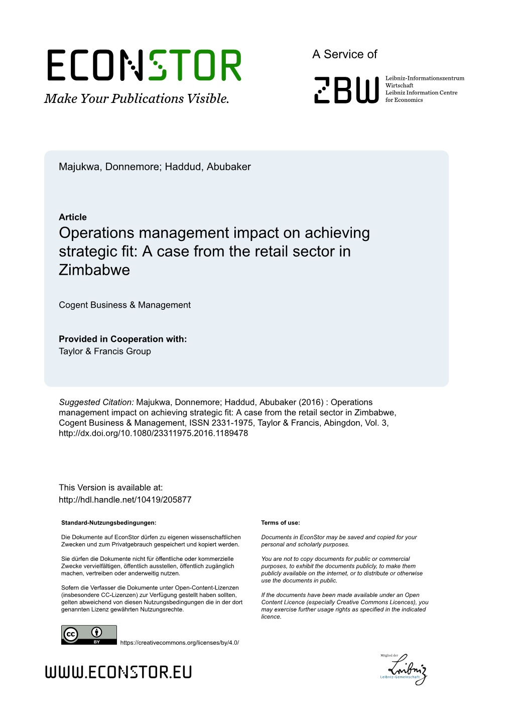 Operations Management Impact on Achieving Strategic Fit: a Case from the Retail Sector in Zimbabwe