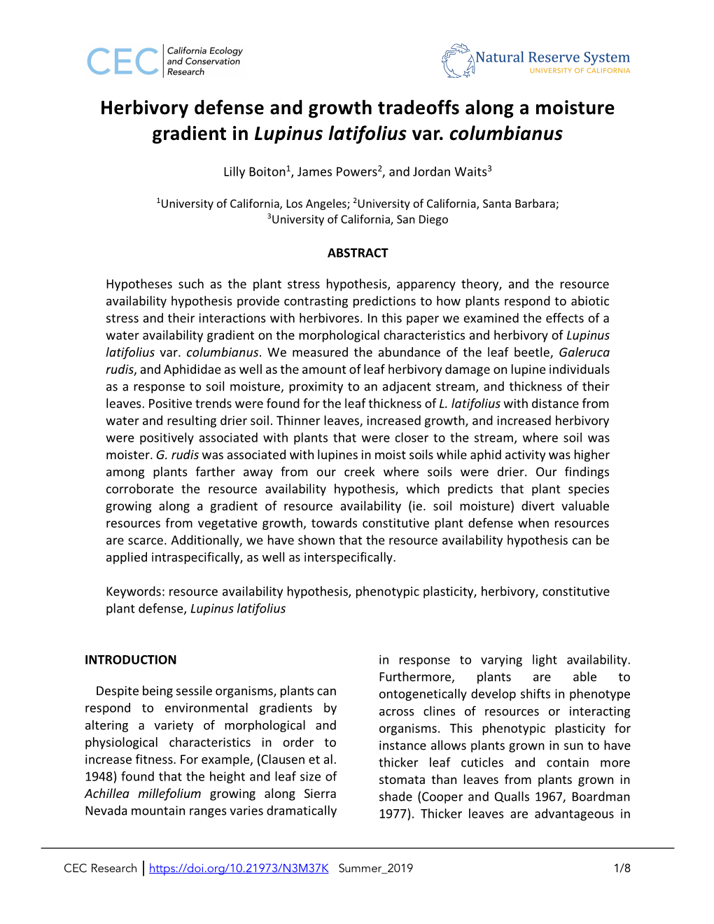 Herbivory Defense and Growth Tradeoffs Along a Moisture Gradient in Lupinus Latifolius Var