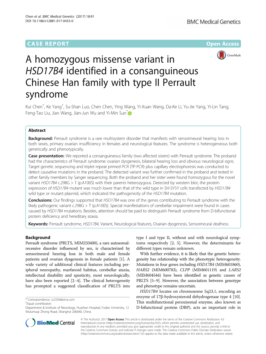 A Homozygous Missense Variant in HSD17B4 Identified in a Consanguineous Chinese Han Family with Type II Perrault Syndrome