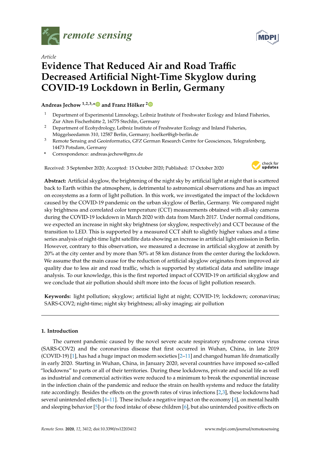 Evidence That Reduced Air and Road Traffic Decreased Artificial Night-Time Skyglow During COVID-19 Lockdown in Berlin, Germany