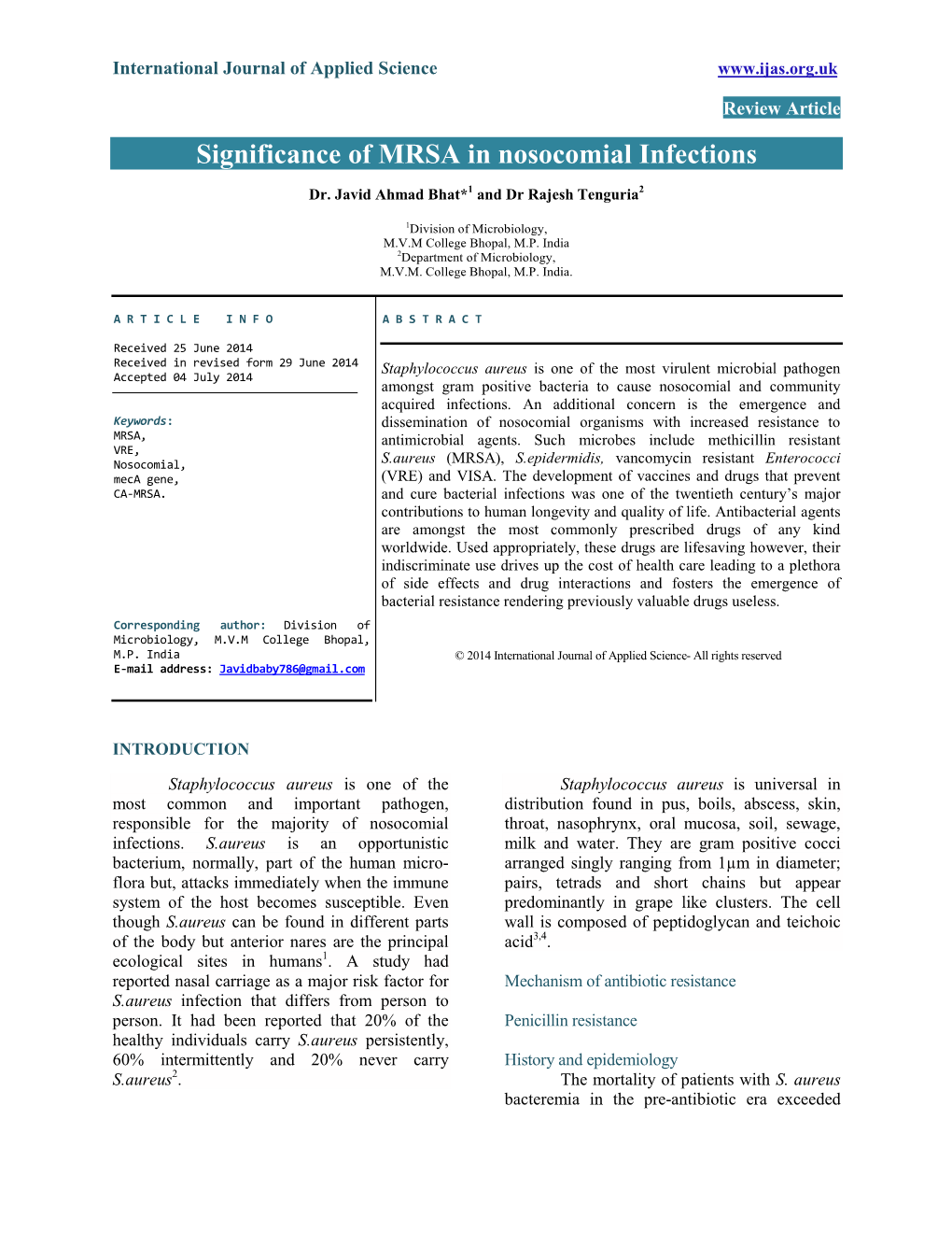 Significance of MRSA in Nosocomial Infections
