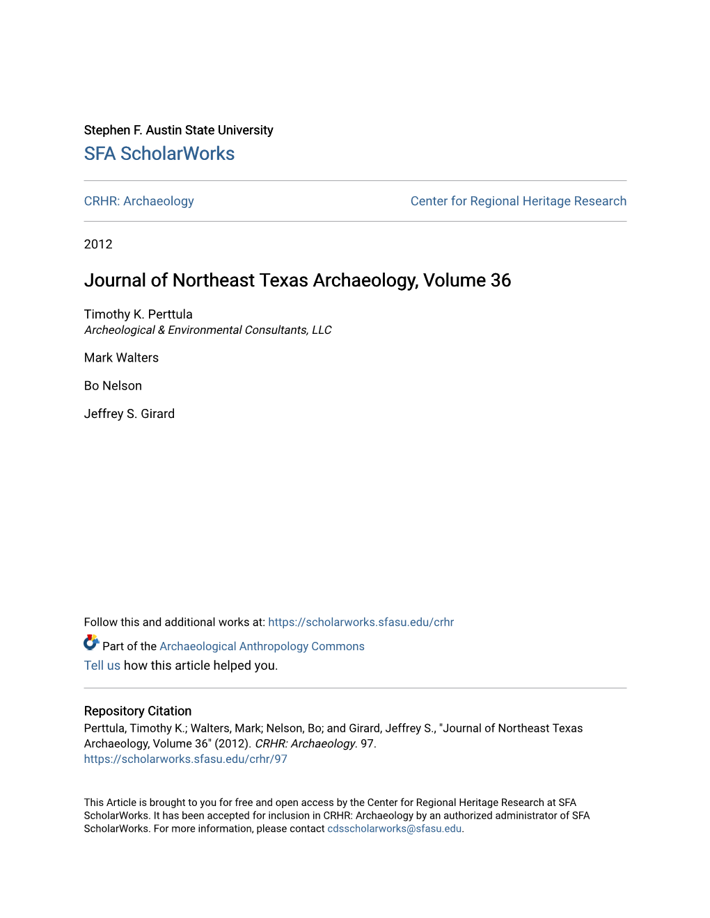 Journal of Northeast Texas Archaeology, Volume 36