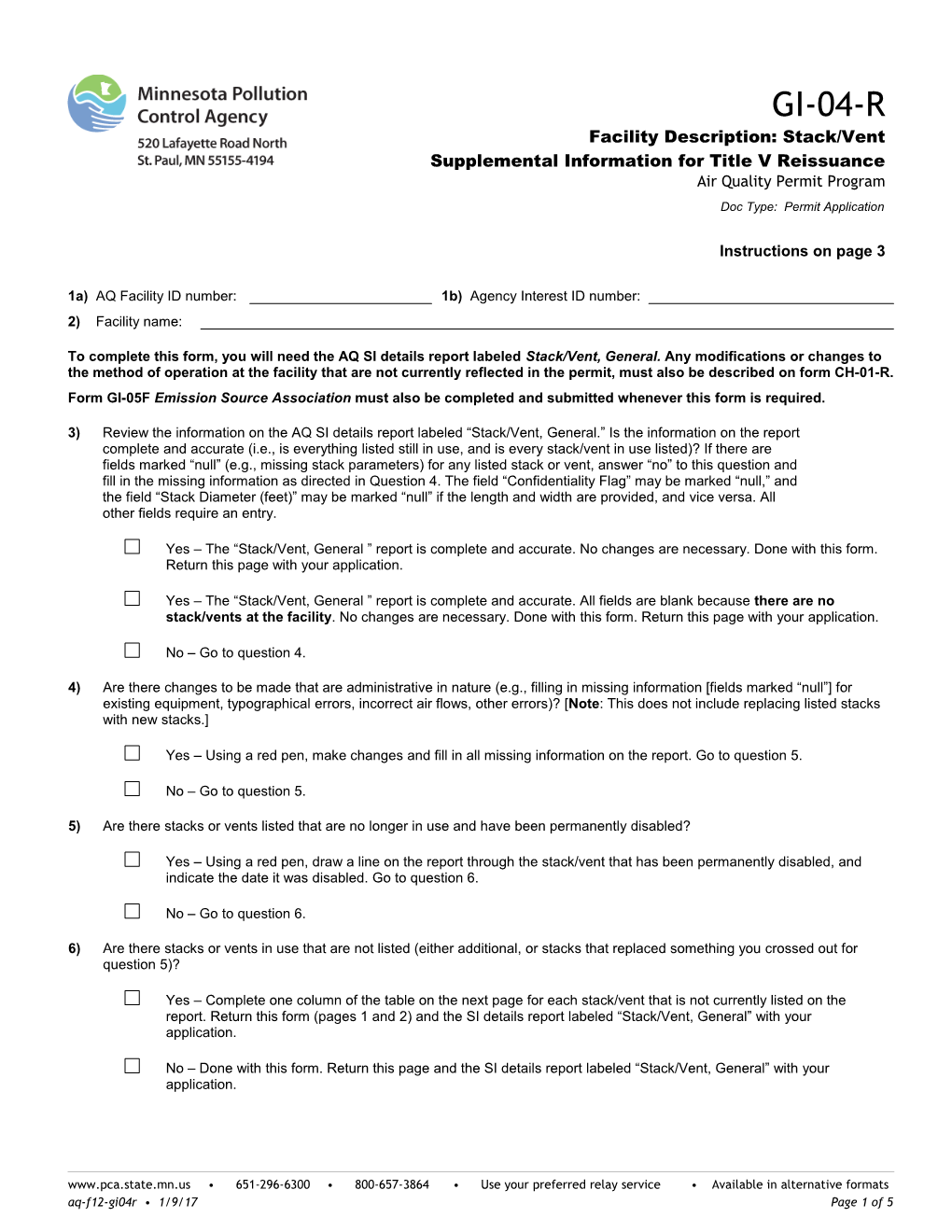 GI-04-R Facility Description: Stack/Vent (SV) Supplemental Information for Title V Reissuance