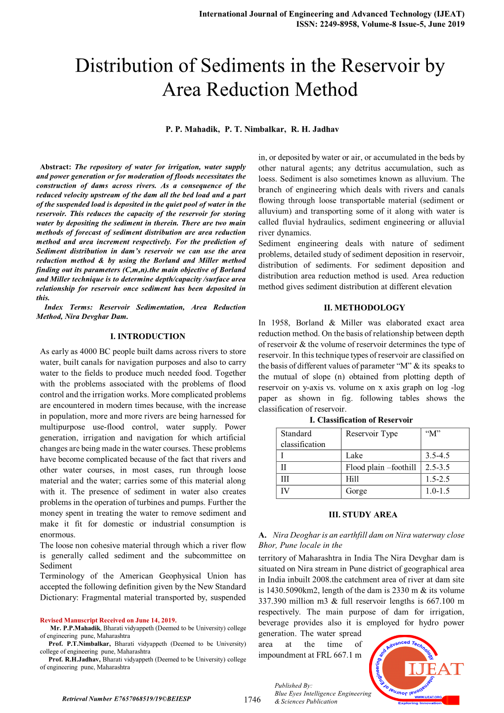 Distribution of Sediments in the Reservoir by Area Reduction Method