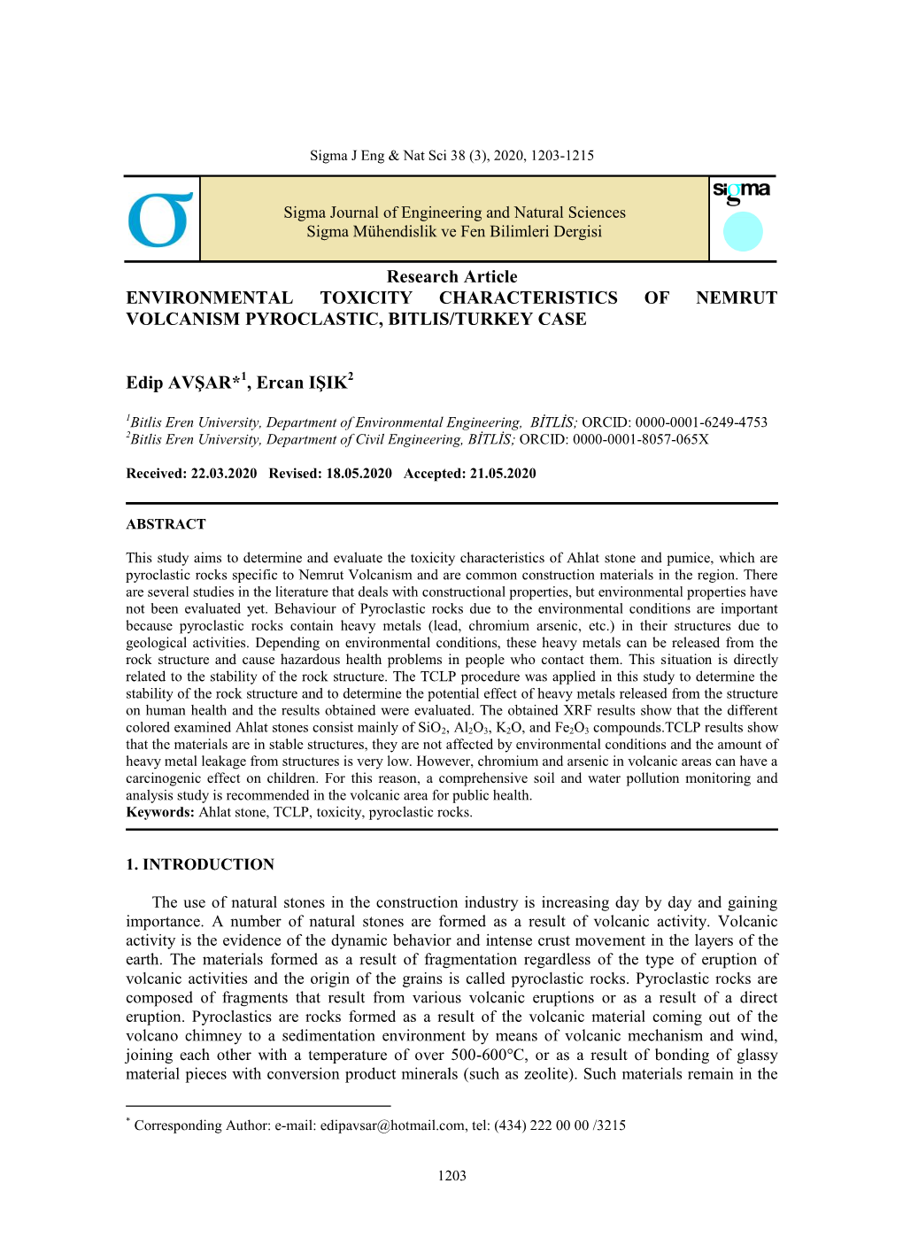 Environmental Toxicity Characteristics of Nemrut Volcanism Pyroclastic, Bitlis/Turkey Case