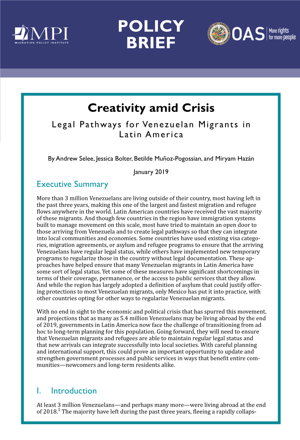 Creativity Amid Crisis: Legal Pathways for Venezuelan Migrants in Latin America Policy Brief