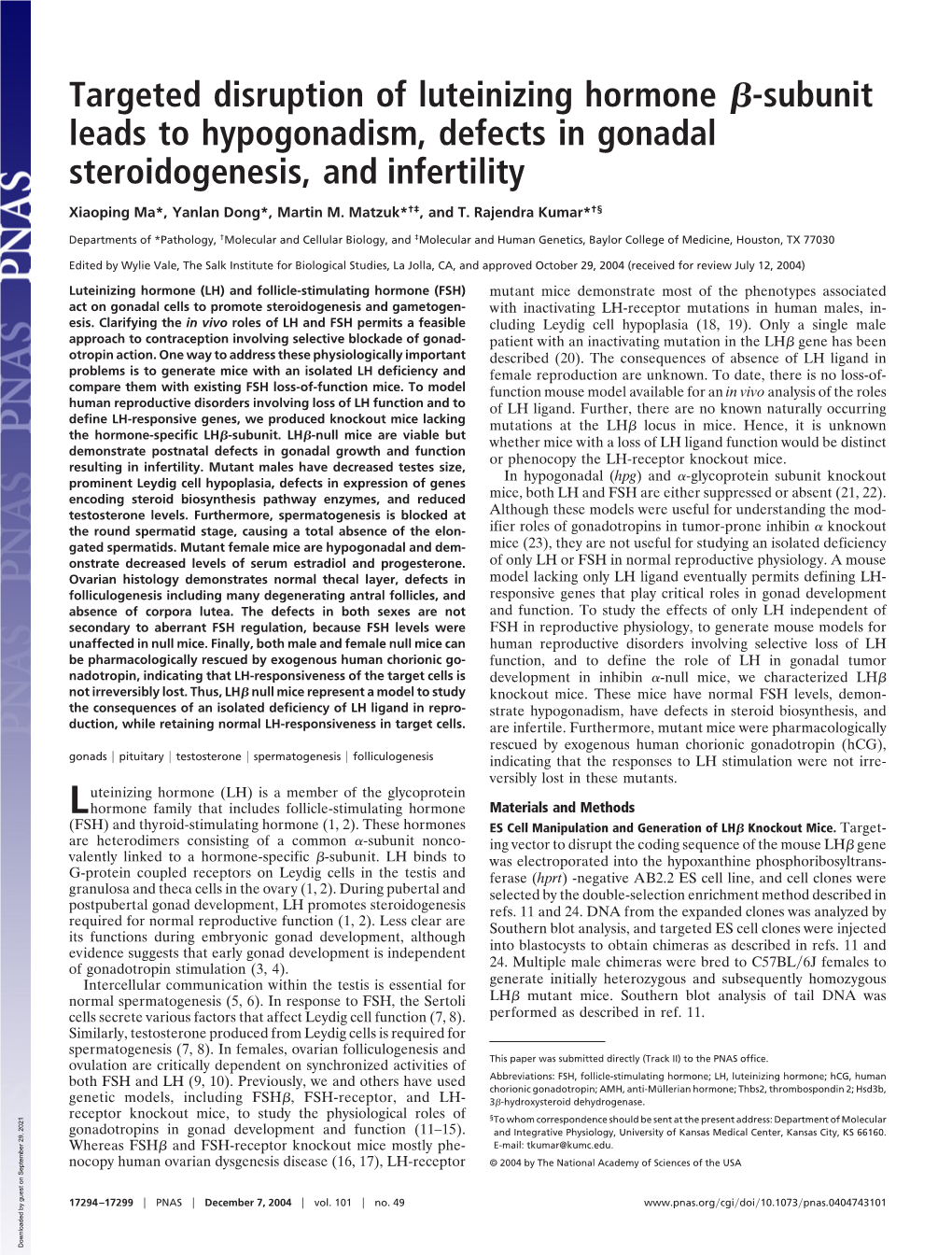 Targeted Disruption of Luteinizing Hormone Я-Subunit Leads To