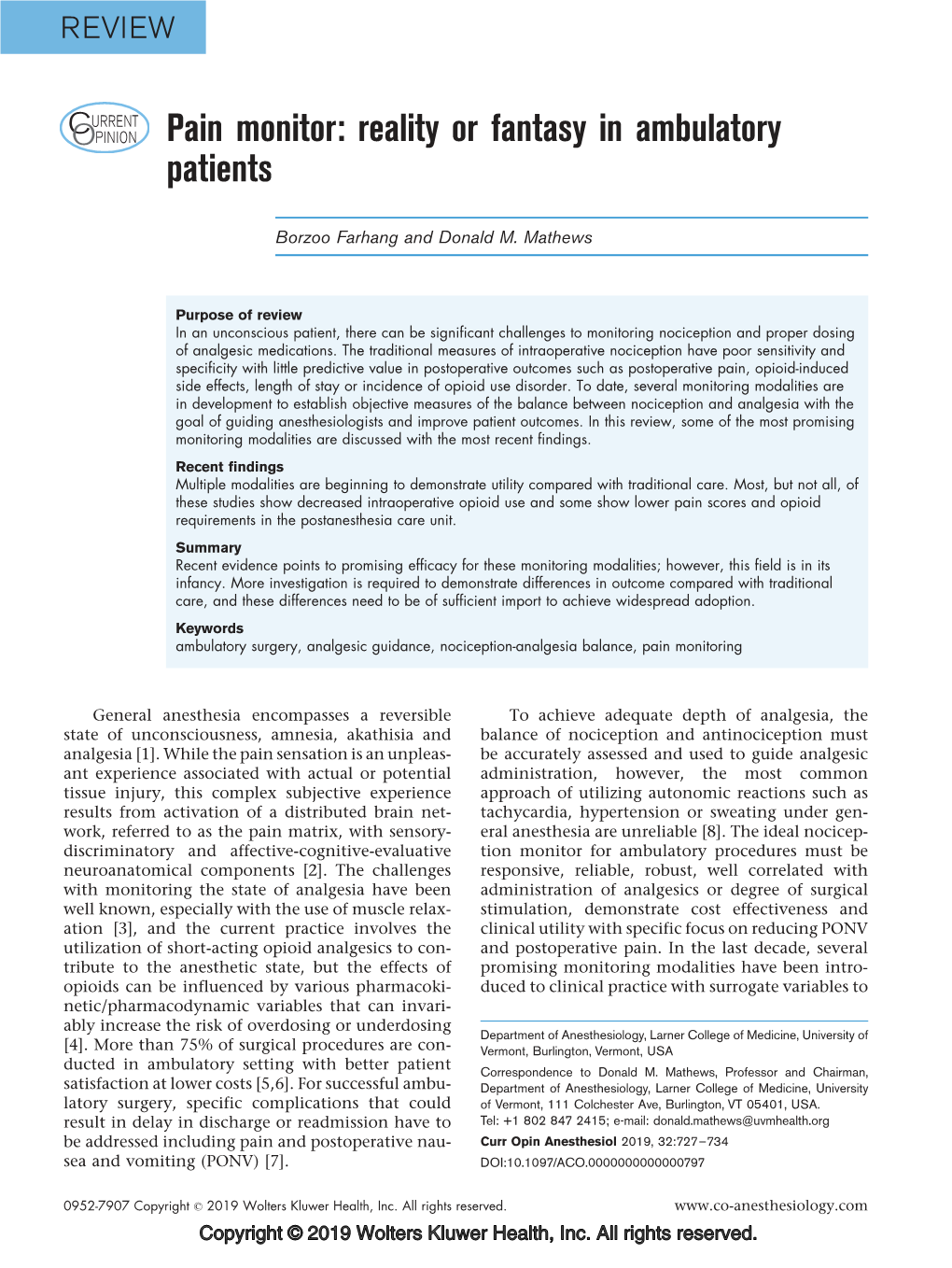 Pain Monitor: Reality Or Fantasy in Ambulatory Patients