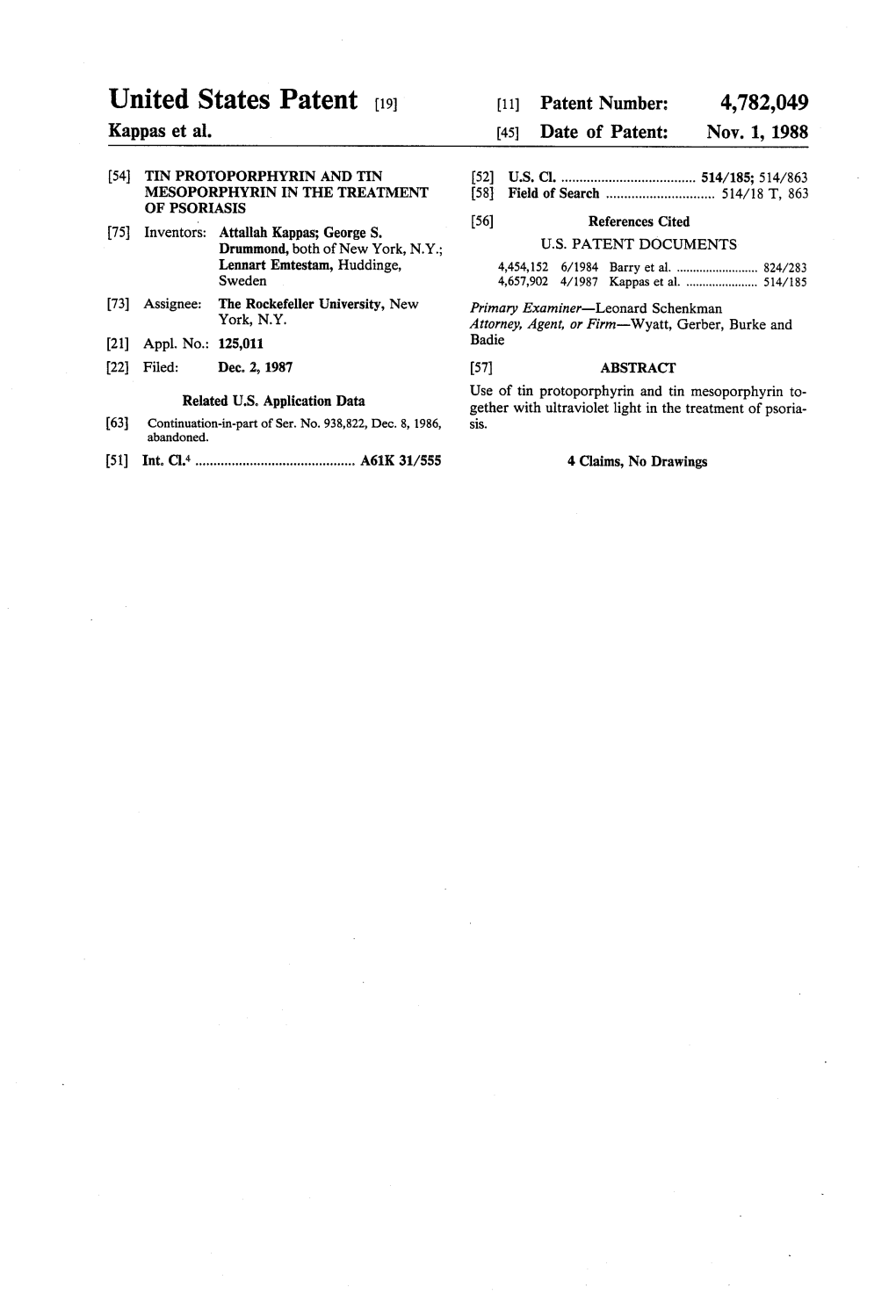 United States Patent (19) (11) Patent Number: 4,782,049 Kappas Et Al