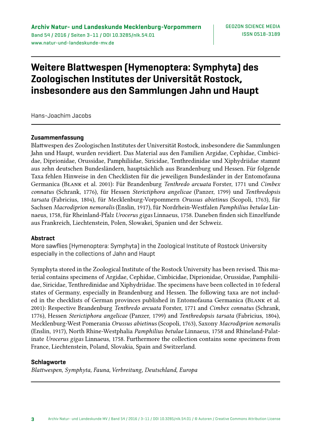 Weitere Blattwespen (Hymenoptera: Symphyta) Des Zoologischen Institutes Der Universität Rostock, Insbesondere Aus Den Sammlungen Jahn Und Haupt