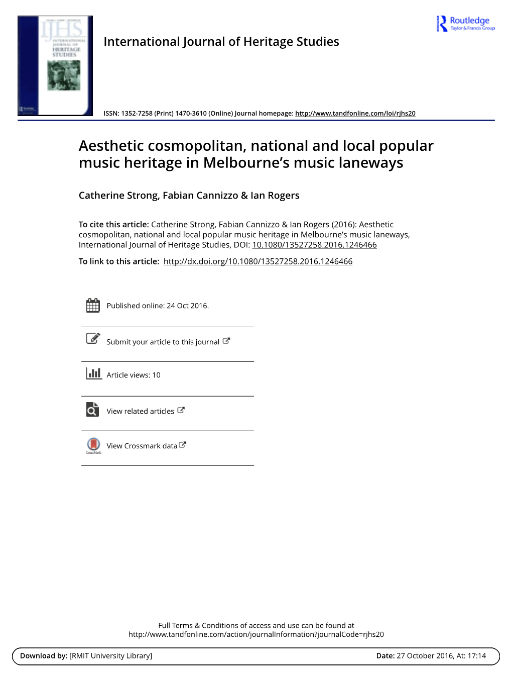 Aesthetic Cosmopolitan, National and Local Popular Music Heritage in Melbourne's Music Laneways