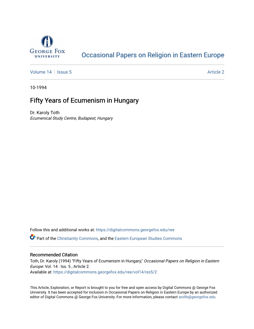 Fifty Years of Ecumenism in Hungary