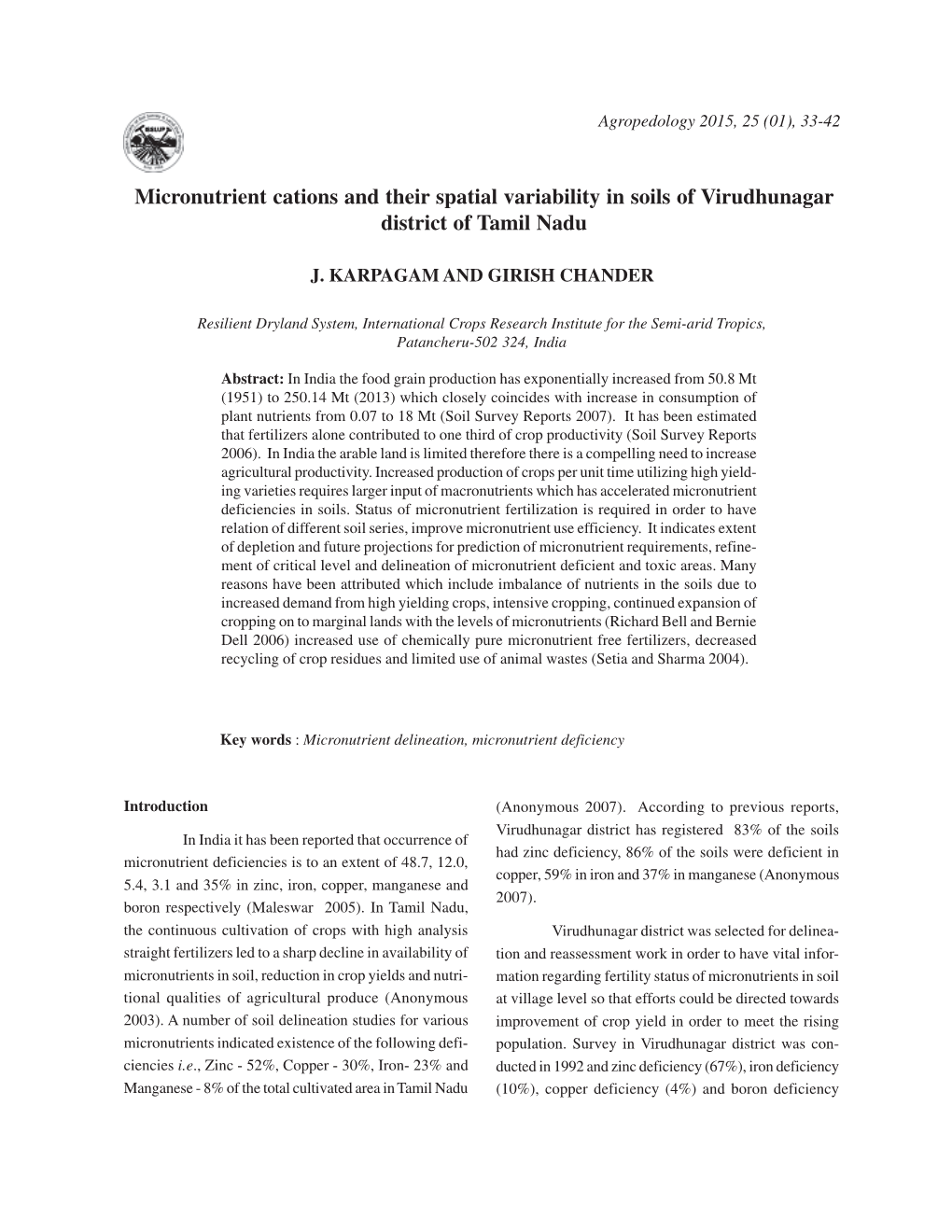 Micronutrient Cations and Their Spatial Variability in Soils of Virudhunagar District of Tamil Nadu