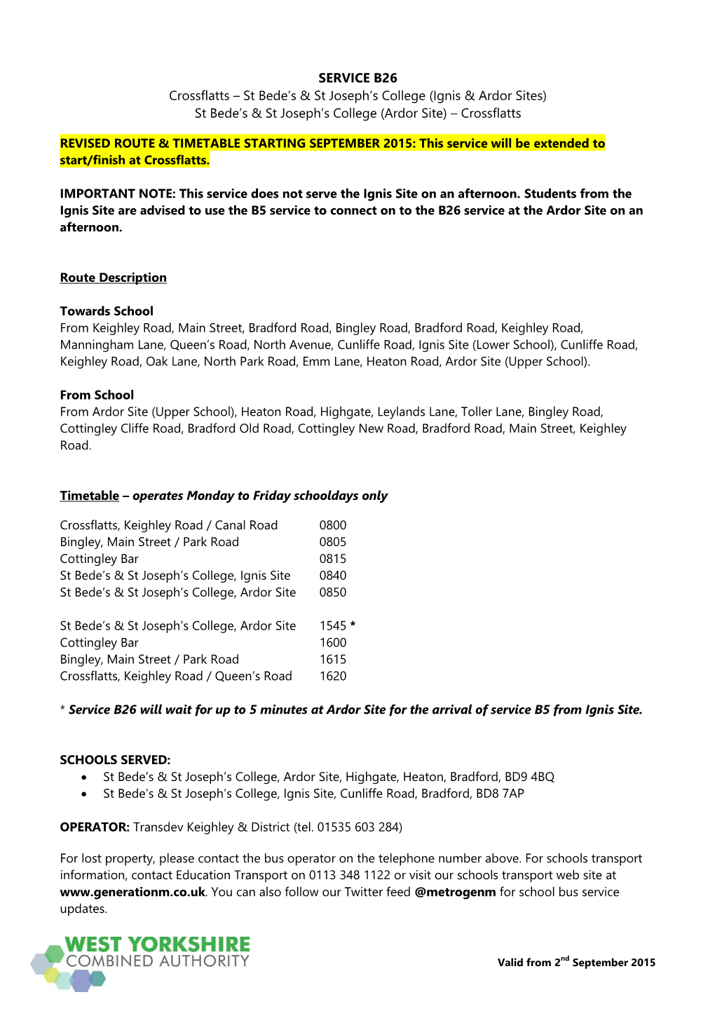 SERVICE B26 Crossflatts – St Bede's & St Joseph's College (Ignis