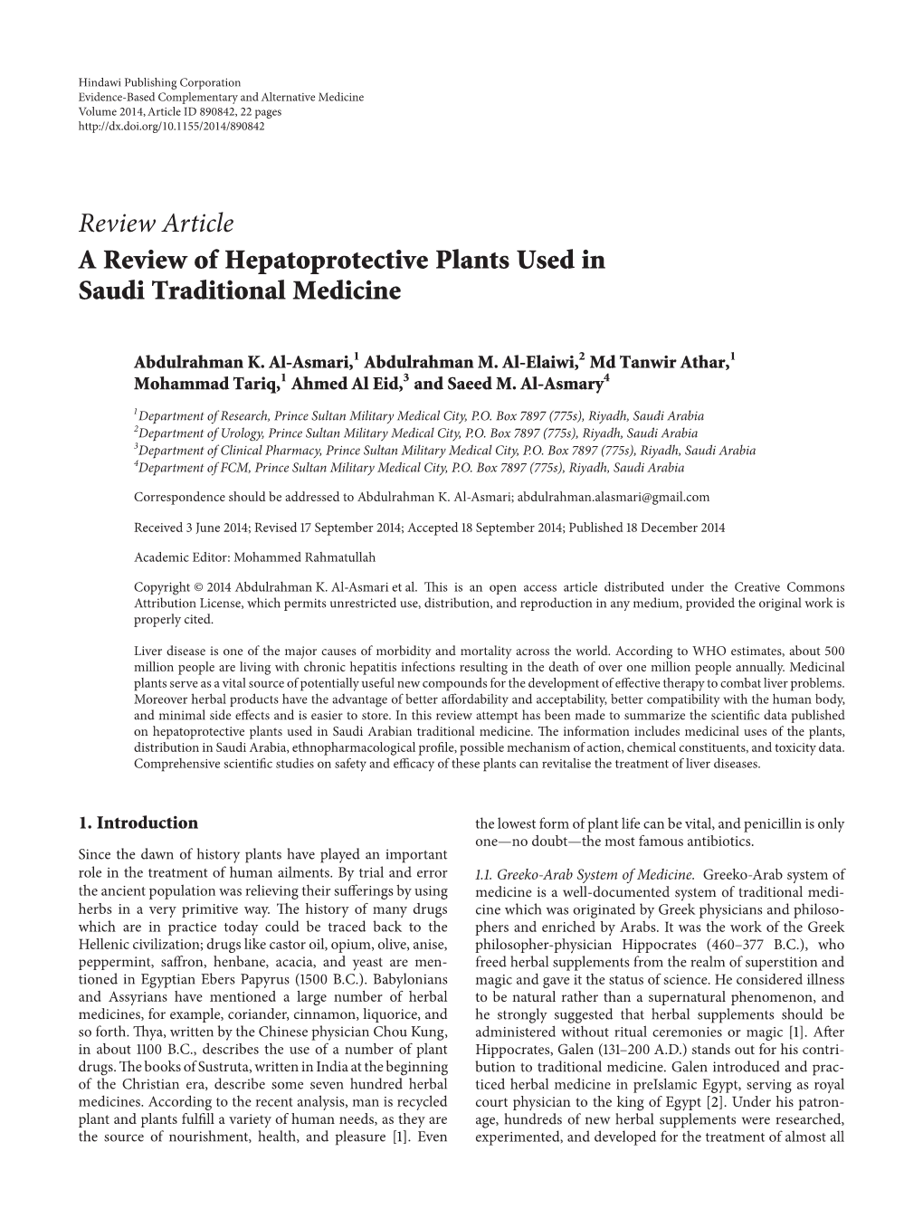A Review of Hepatoprotective Plants Used in Saudi Traditional Medicine