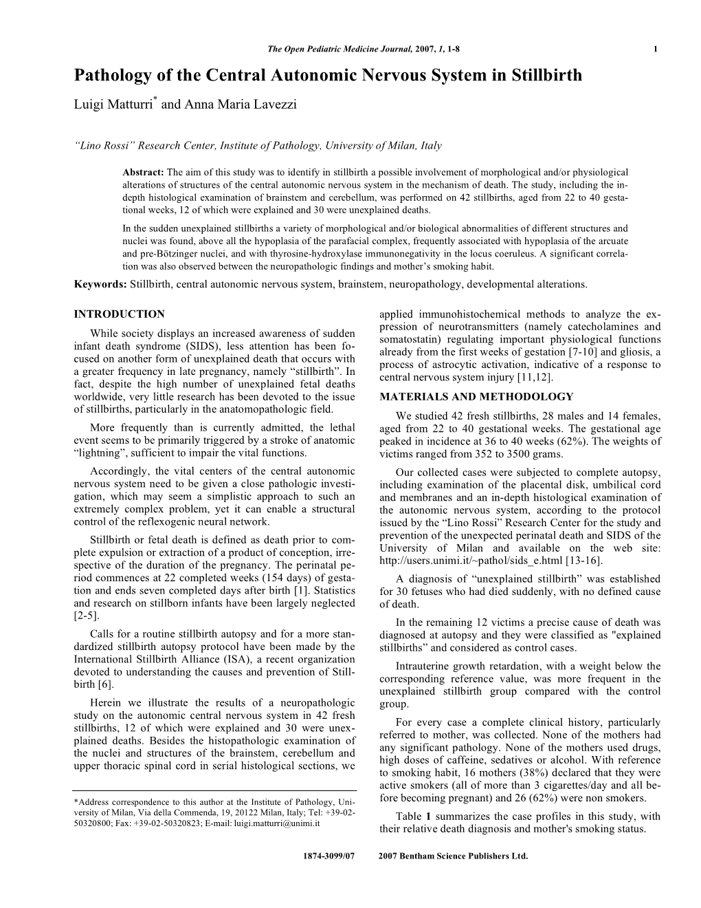 Pathology of the Central Autonomic Nervous System in Stillbirth Luigi Matturri* and Anna Maria Lavezzi