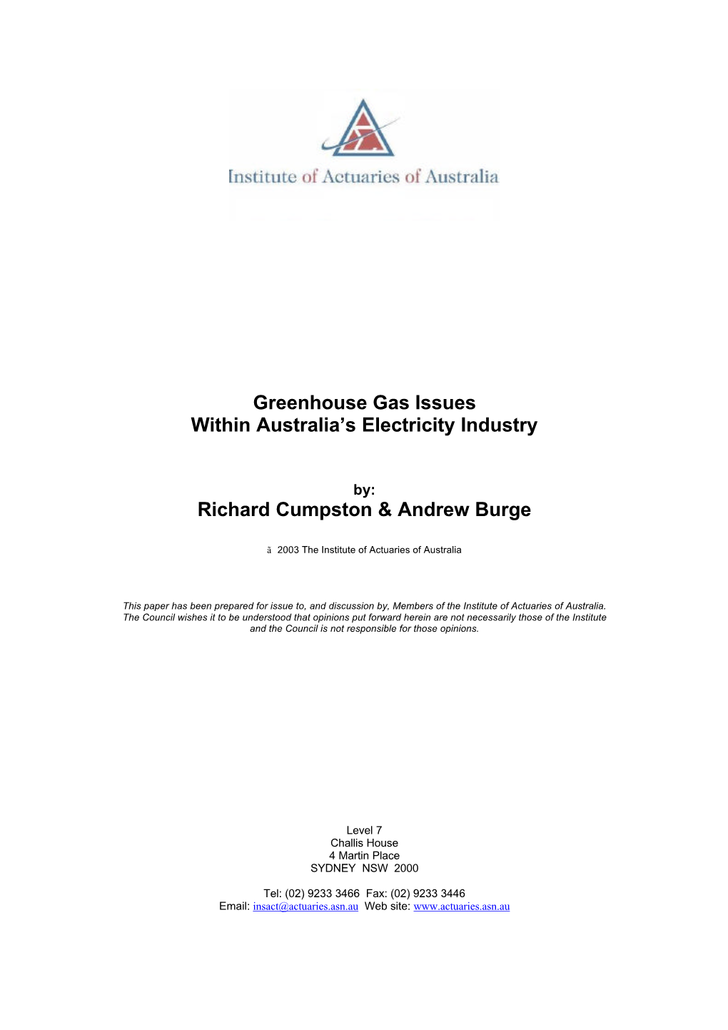 Greenhouse Gas Issues Within Australia's Electricity Industry