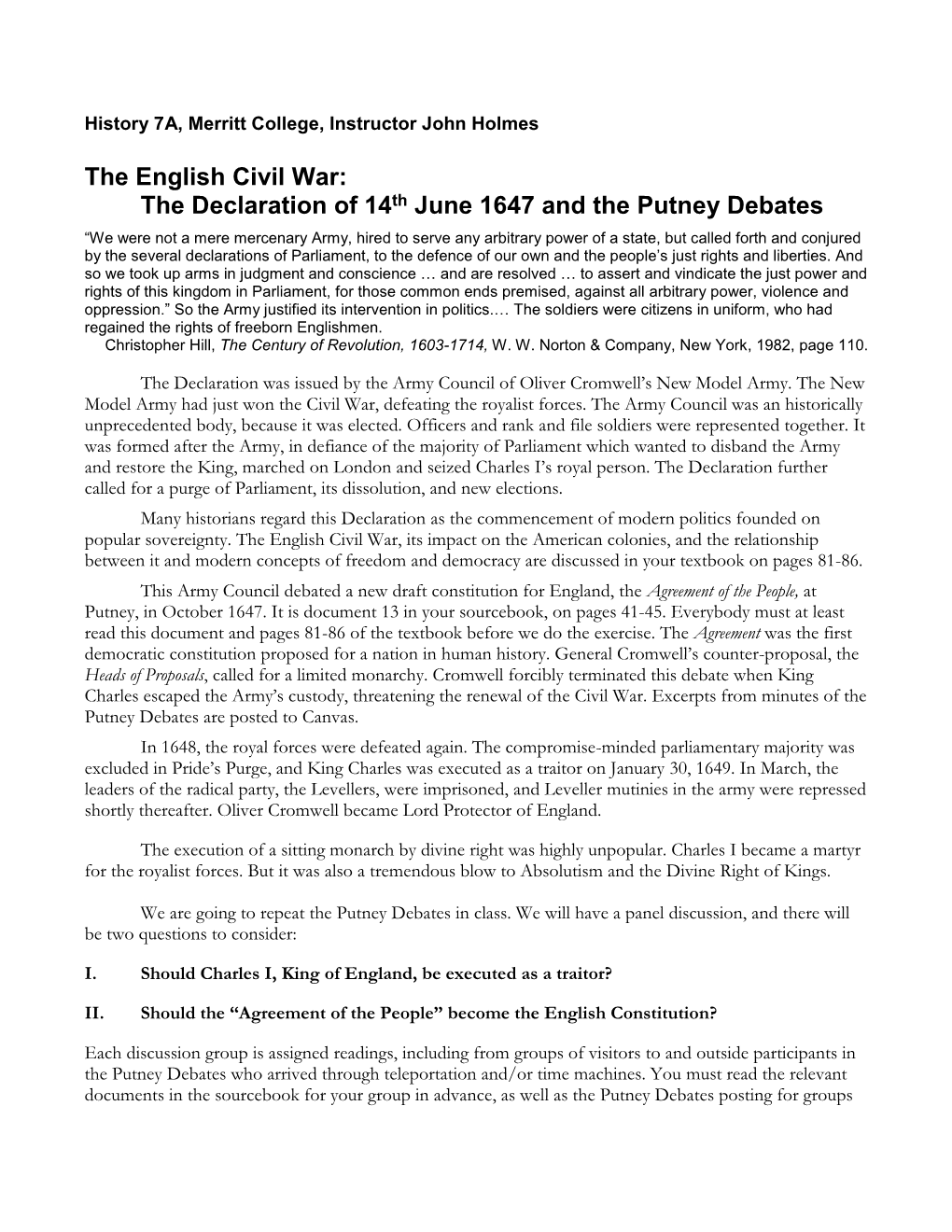 The English Civil War: the Declaration of 14Th June 1647 And