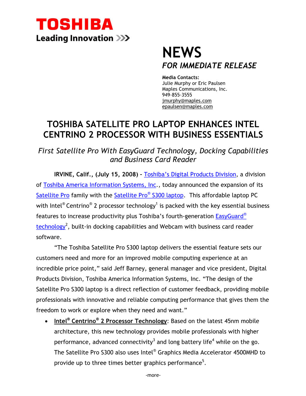 Toshiba Satellite Pro Laptop Enhances Intel Centrino 2 Processor with Business Essentials