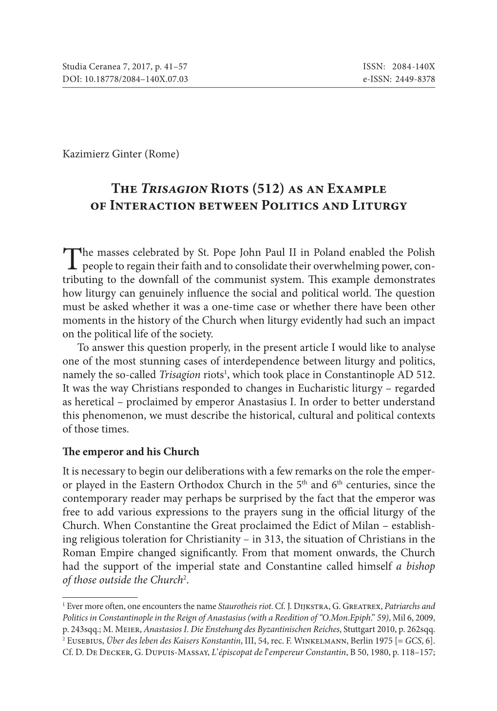 The Trisagion Riots (512) As an Example of Interaction Between Politics and Liturgy