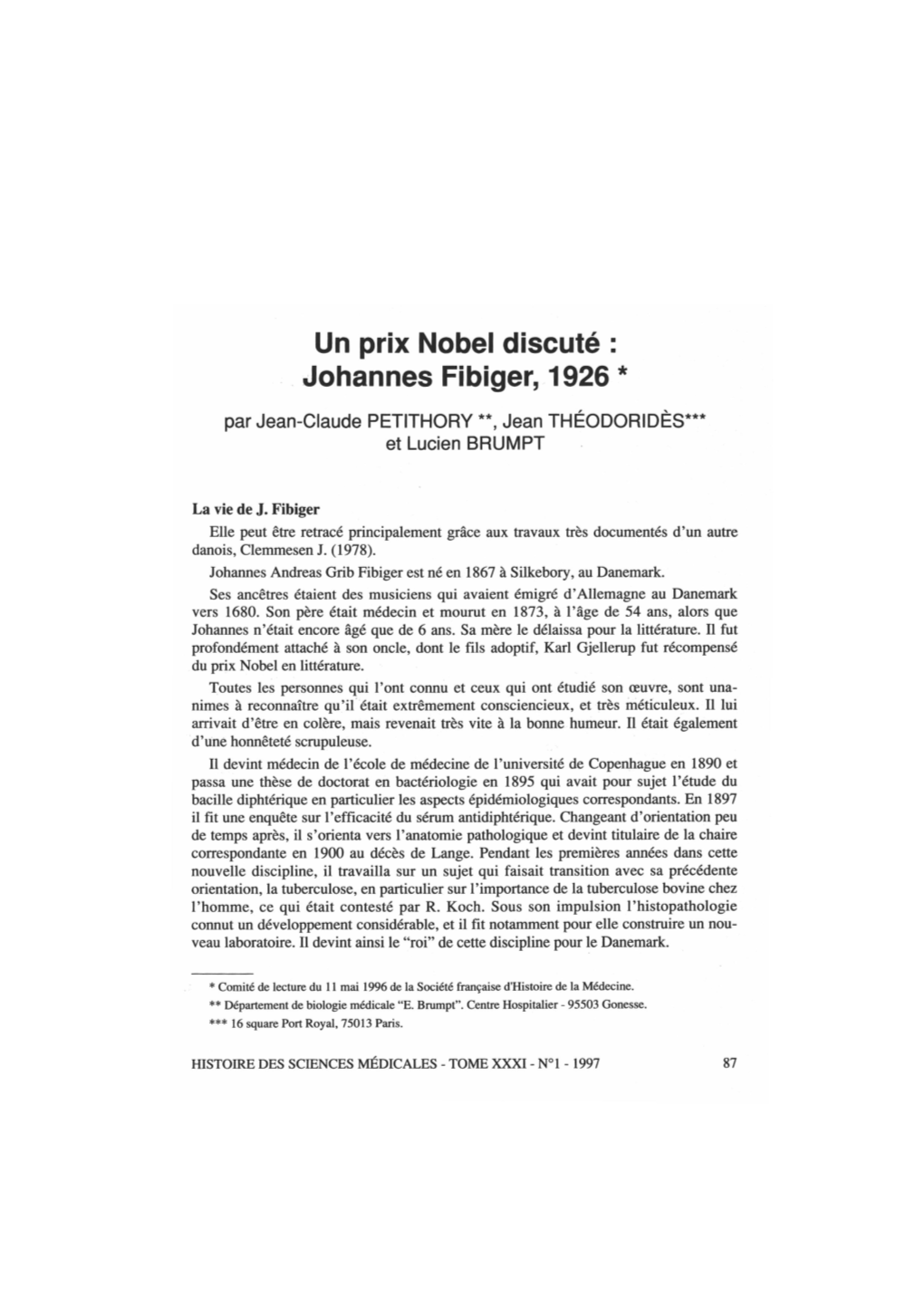 Un Prix Nobel Discuté : Johannes Fibiger, 1926 *
