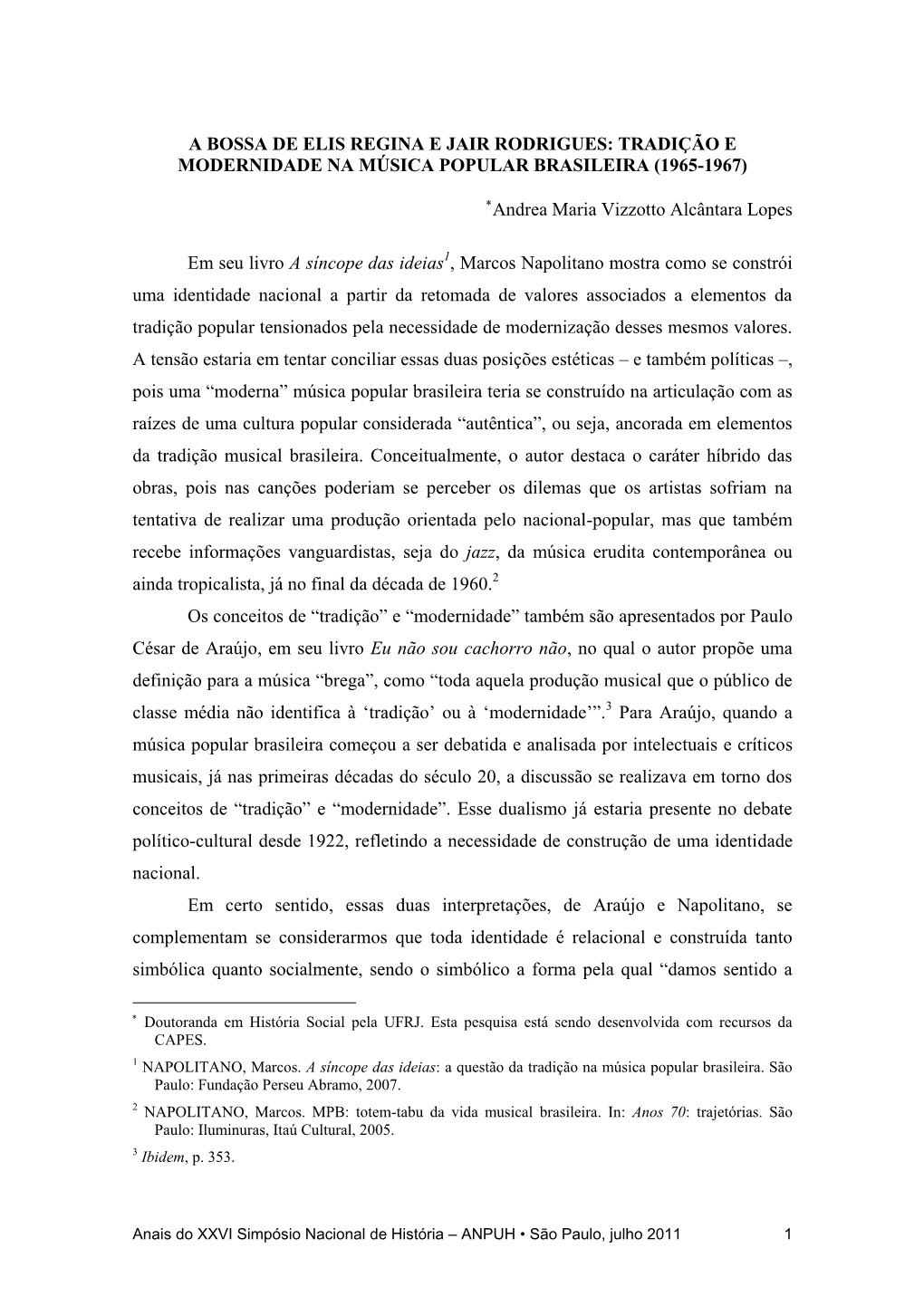 A Bossa De Elis Regina E Jair Rodrigues: Tradição E Modernidade Na Música Popular Brasileira (1965-1967)