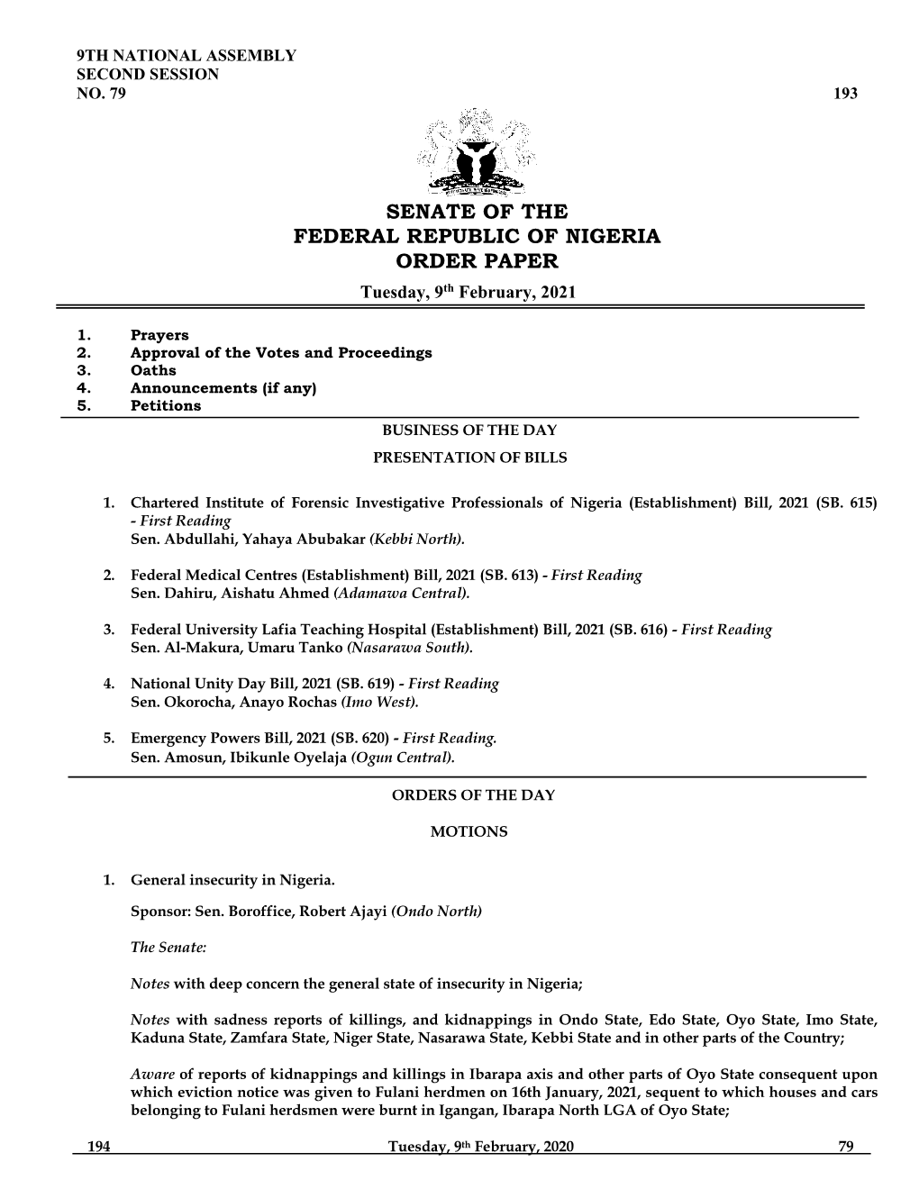 Senate Order Paper Tuesday, 9Th February, 2021