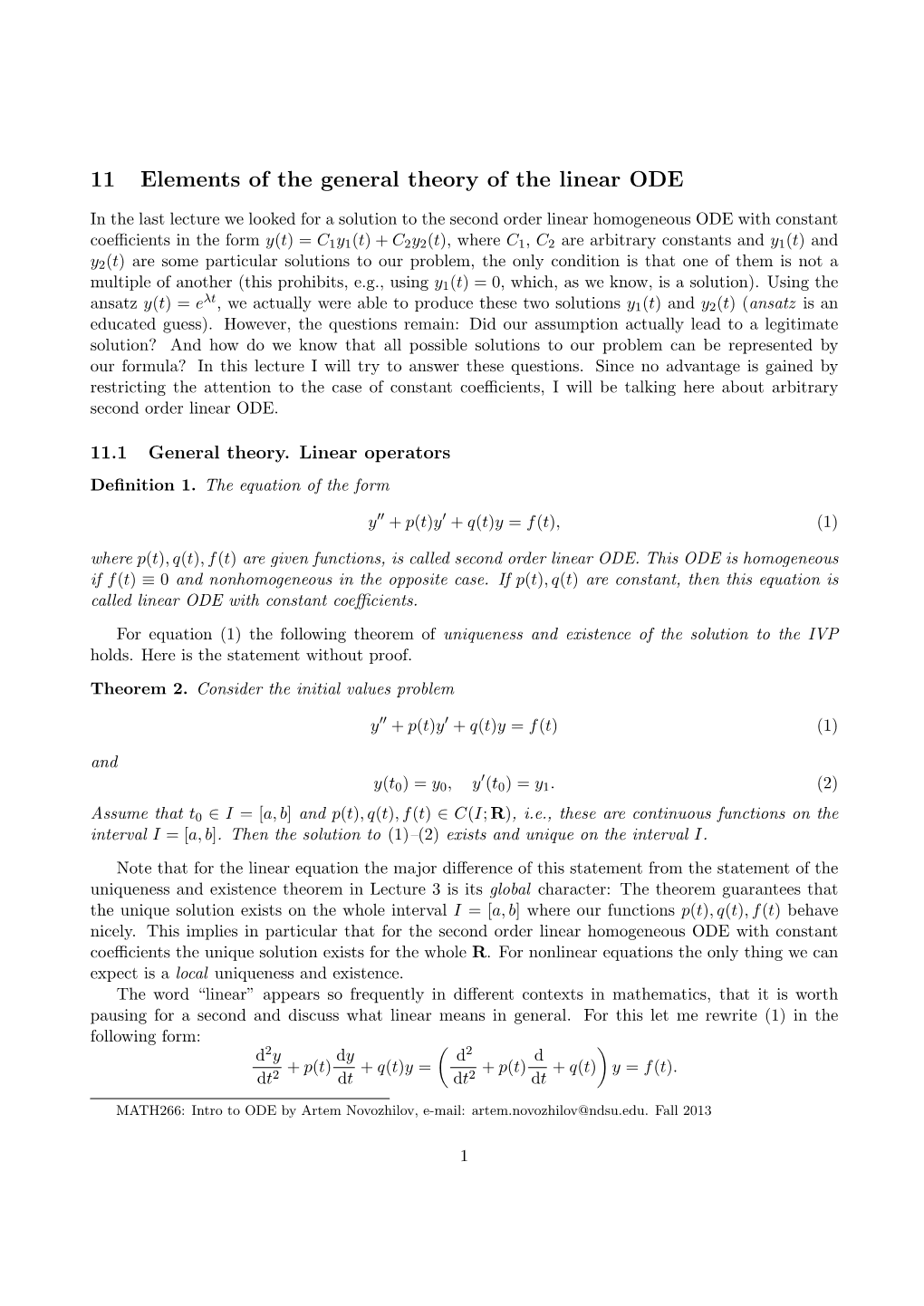 11 Elements of the General Theory of the Linear ODE